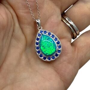 Created Opal & Blue Sapphire Pendant Necklace 925 Sterling Silver 18 inch